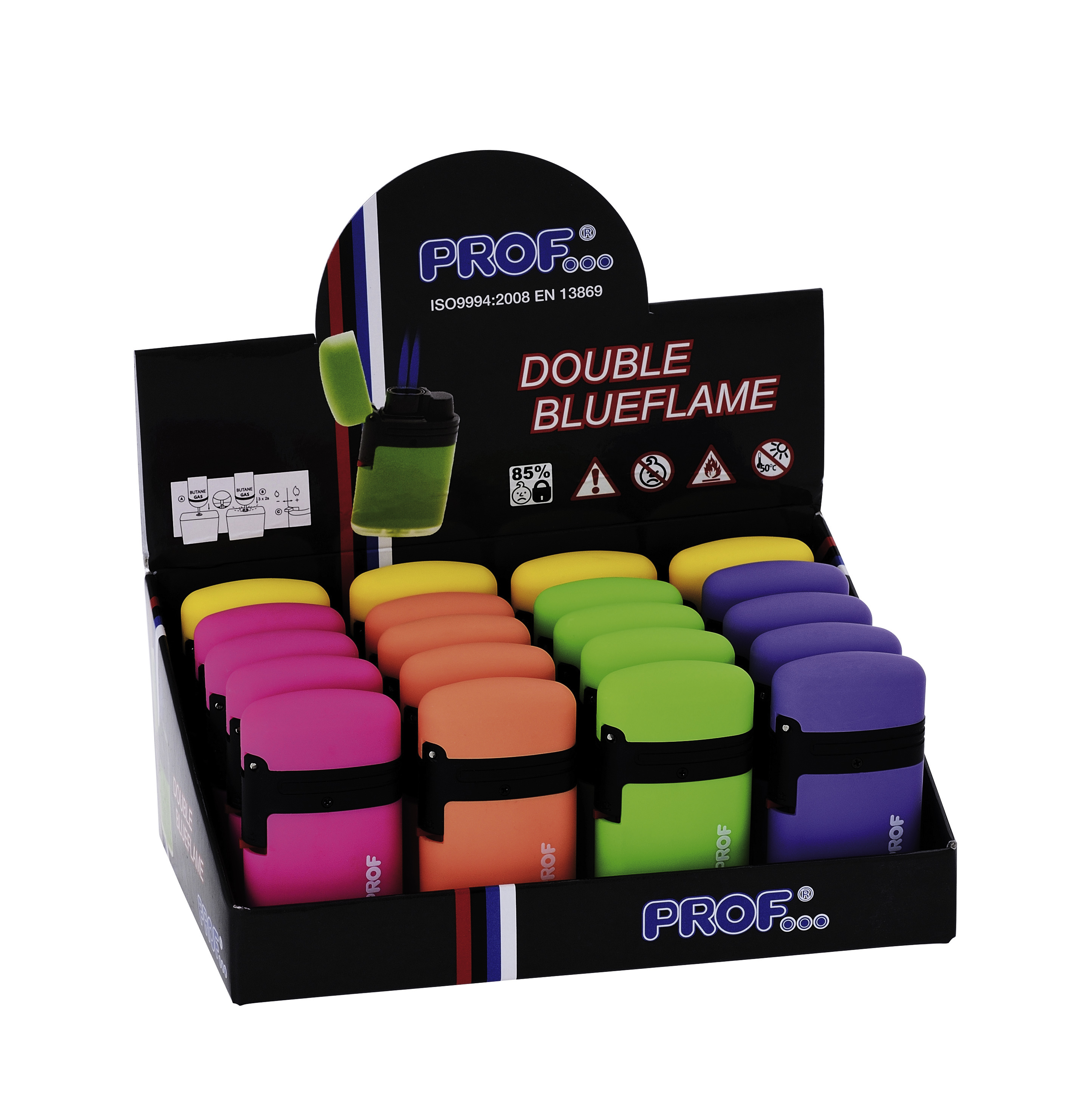 Feuerzeug (20) Jet 2Fach Prof Trendy Farblich Sortiert Blaue Flamme