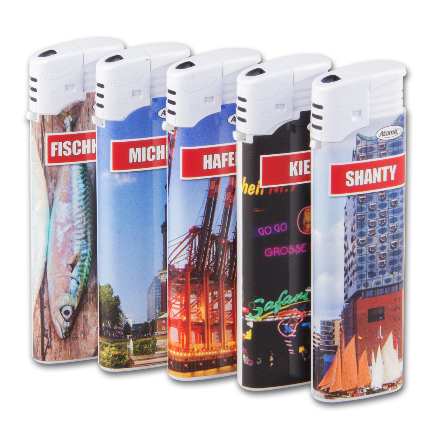 Einwegfeuerzeug Piezo Atomic Hamburg 5 Designs Steller Mit 50 StÃ¼ck