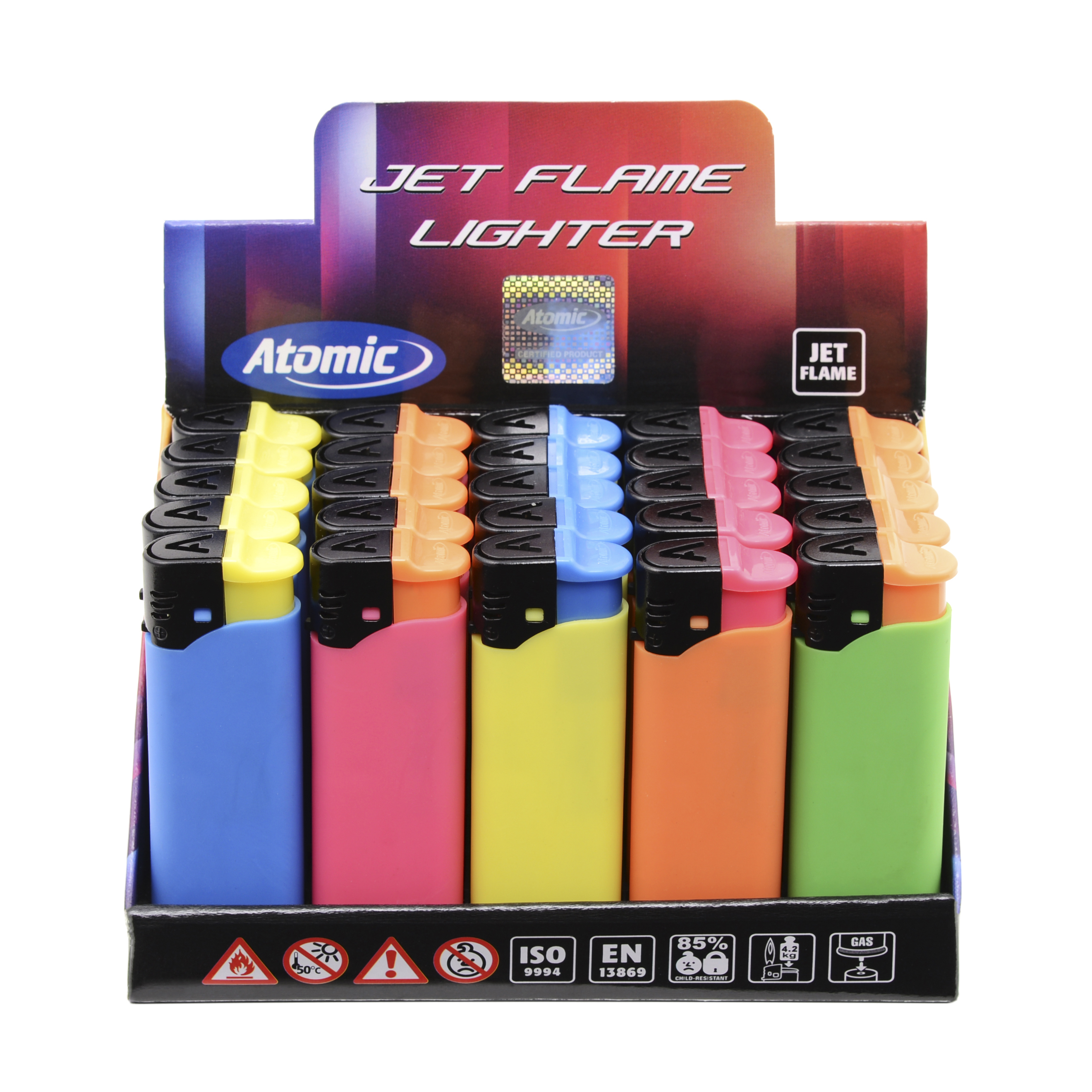 Einwegfeuerzeug Jet Atomic Neon Rubber Farblich Sort Steller 25 StÃ¼ck