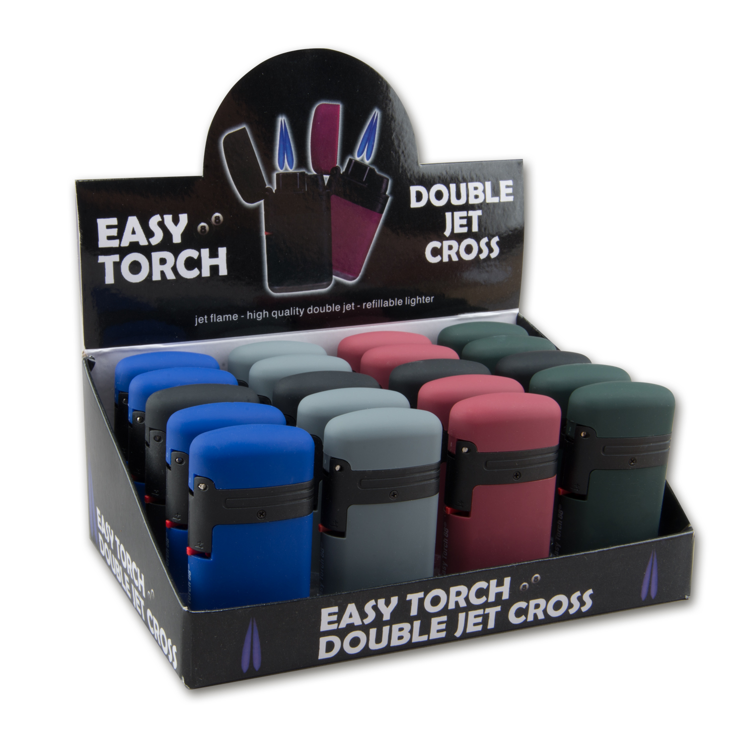 Feuerzeug (20) Jet 2-Fach Easy Torch Rubber 6 Farben Sortiert